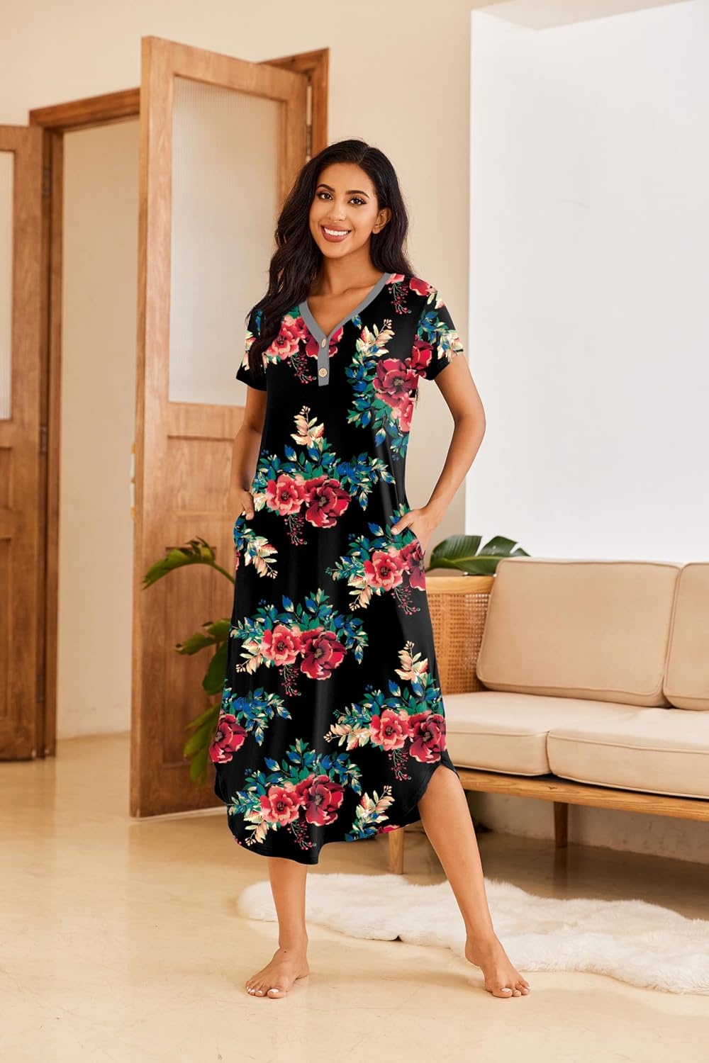 image:imageEkouaer Long Nightgowns for Women Button Night Gowns Short Sleeve Sleepwear Full Length Sleep Shirts With Pockets S4XLFlower Black