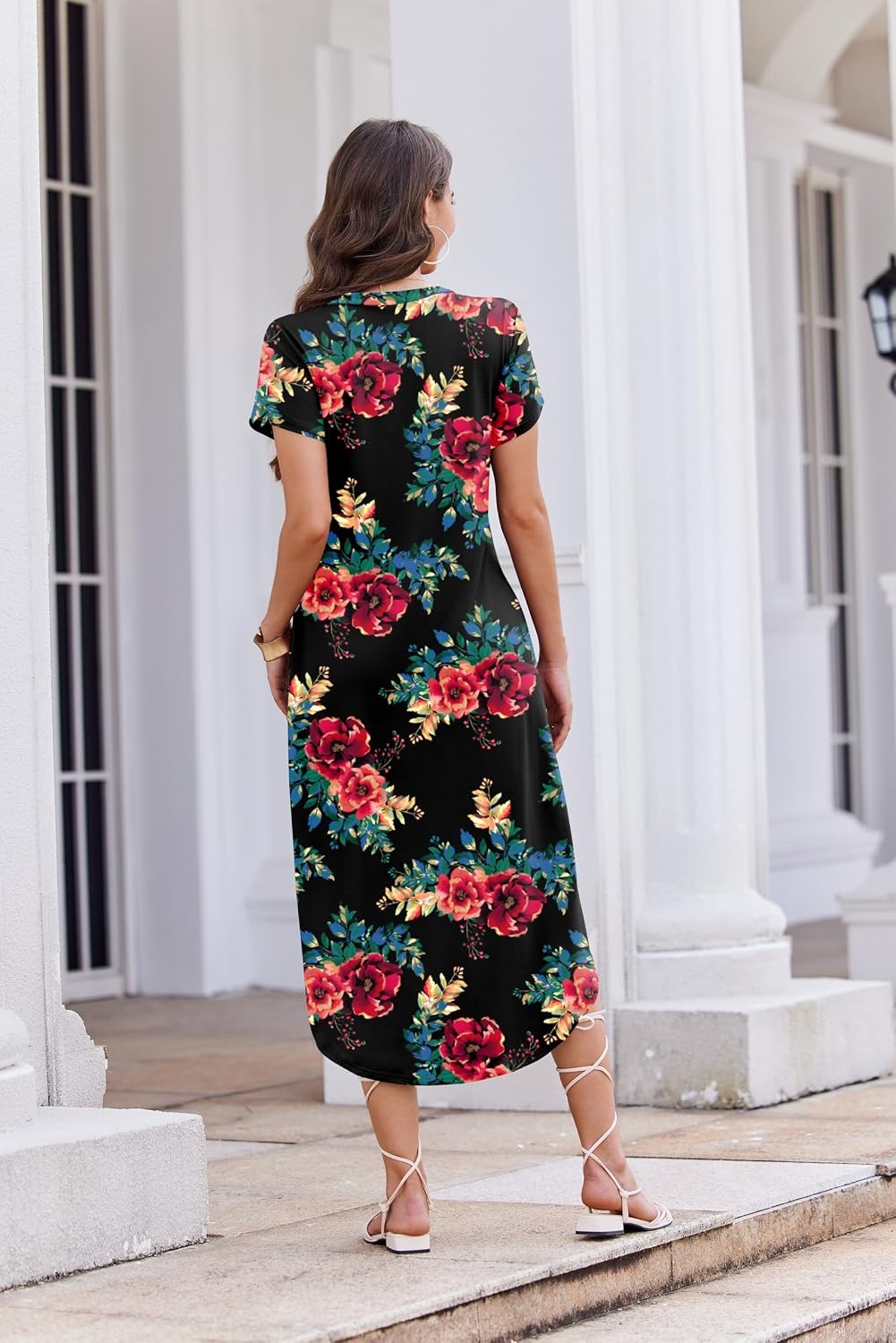 image:imageEkouaer Long Nightgowns for Women Button Night Gowns Short Sleeve Sleepwear Full Length Sleep Shirts With Pockets S4XLFlower Black