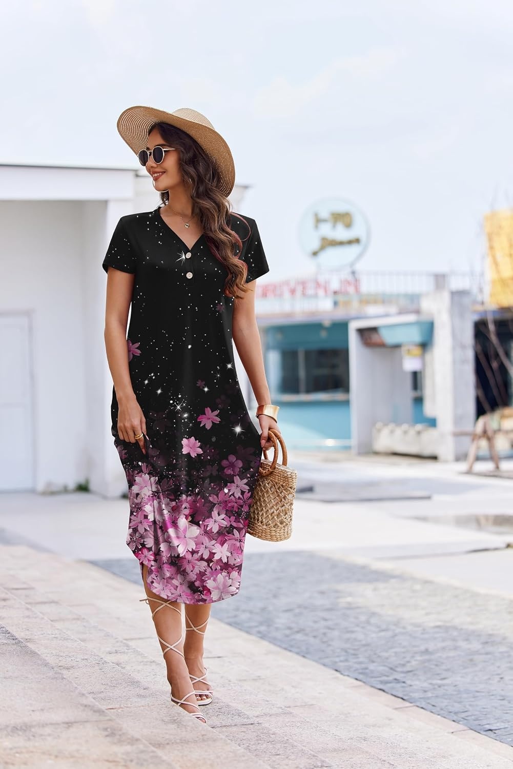 image:imageEkouaer Long Nightgowns for Women Button Night Gowns Short Sleeve Sleepwear Full Length Sleep Shirts With Pockets S4XLFlower Black Pink