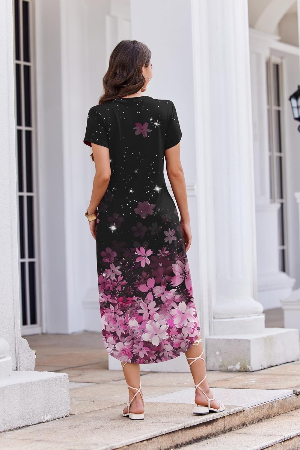 image:imageEkouaer Long Nightgowns for Women Button Night Gowns Short Sleeve Sleepwear Full Length Sleep Shirts With Pockets S4XLFlower Black Pink