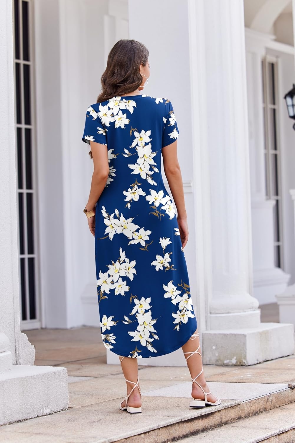 image:imageEkouaer Long Nightgowns for Women Button Night Gowns Short Sleeve Sleepwear Full Length Sleep Shirts With Pockets S4XLFlower Navy Blue