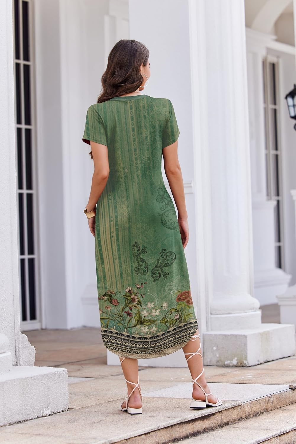 image:imageEkouaer Long Nightgowns for Women Button Night Gowns Short Sleeve Sleepwear Full Length Sleep Shirts With Pockets S4XLGreen Ethnic Style