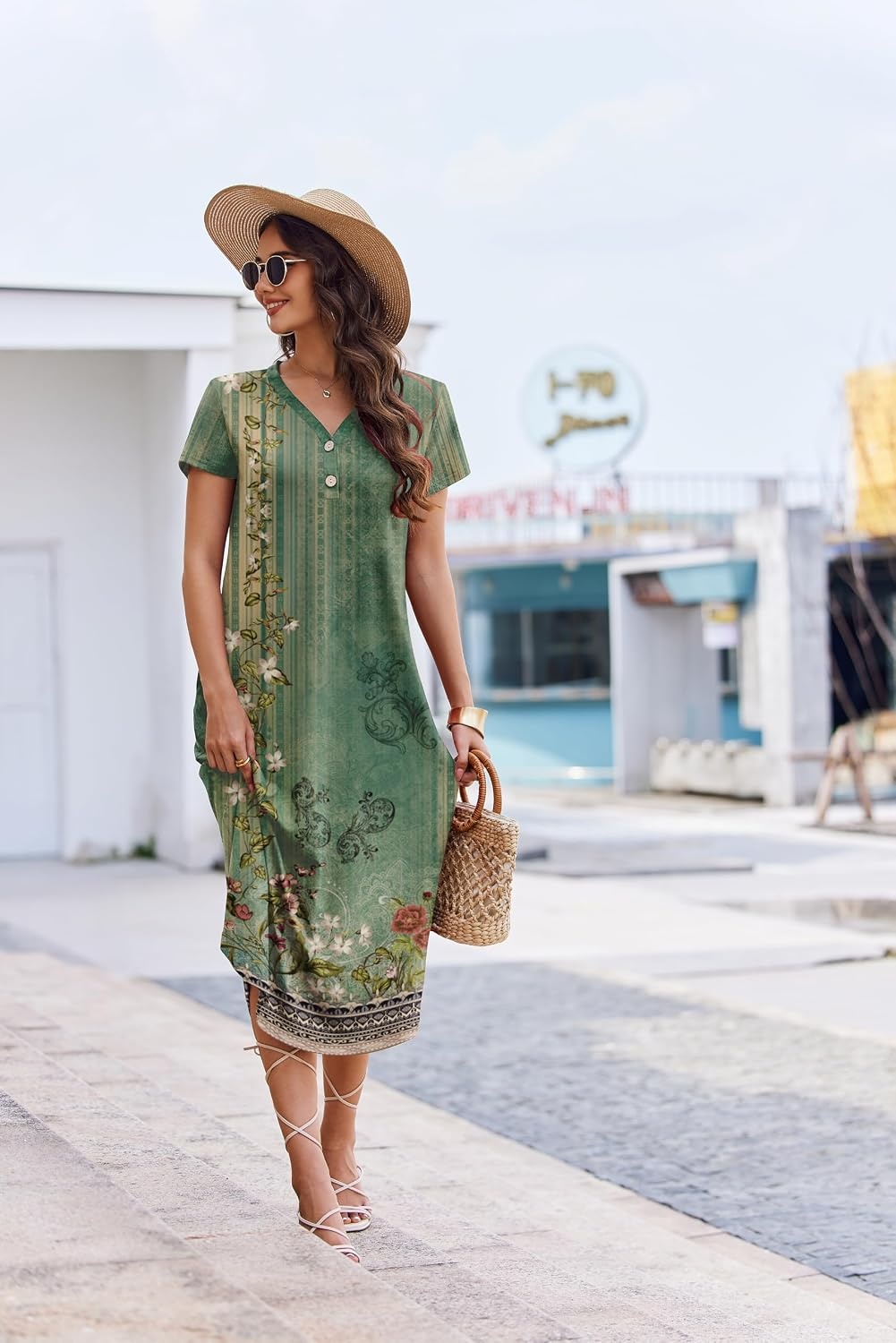 image:imageEkouaer Long Nightgowns for Women Button Night Gowns Short Sleeve Sleepwear Full Length Sleep Shirts With Pockets S4XLGreen Ethnic Style