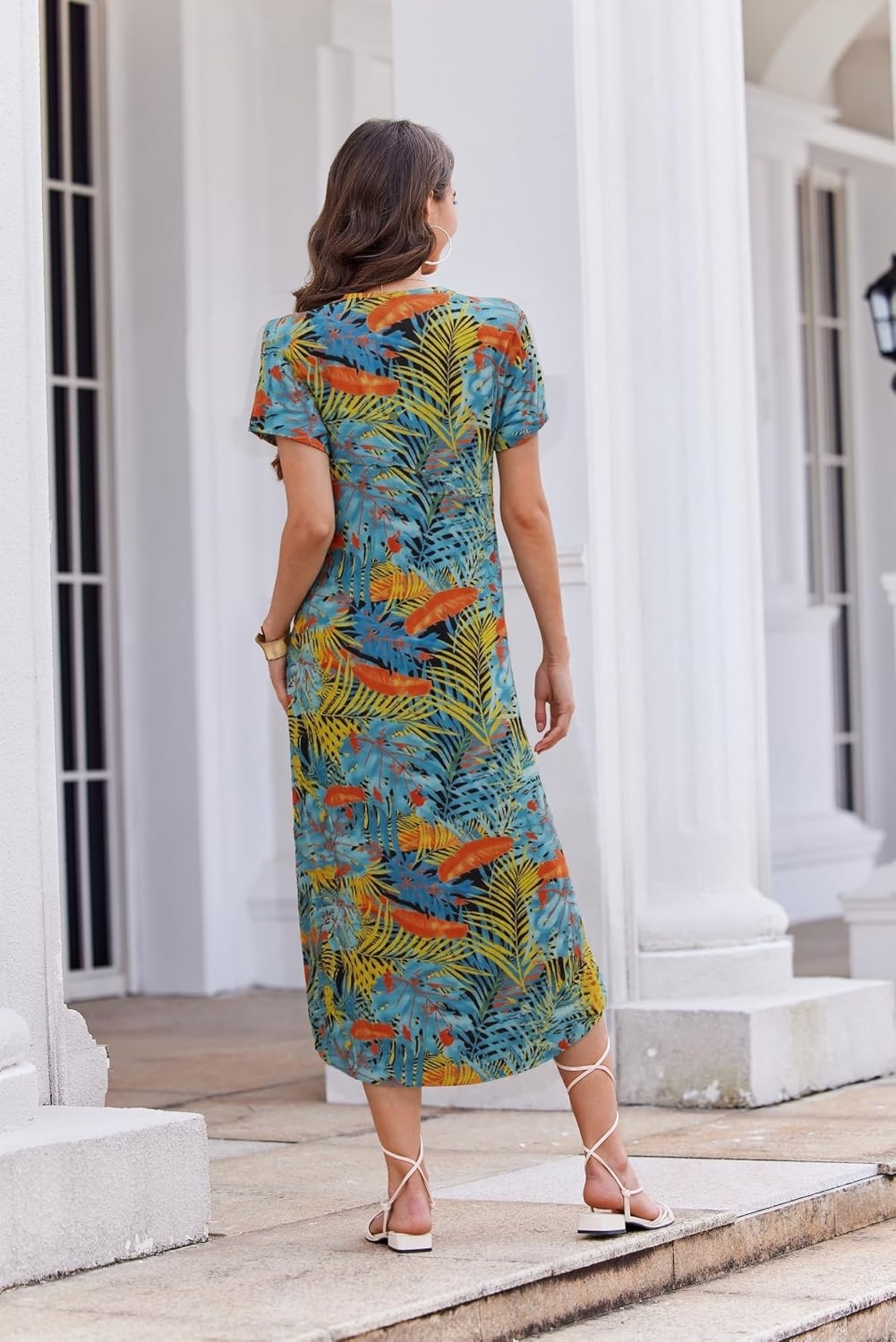 image:imageEkouaer Long Nightgowns for Women Button Night Gowns Short Sleeve Sleepwear Full Length Sleep Shirts With Pockets S4XLGreen Leaves