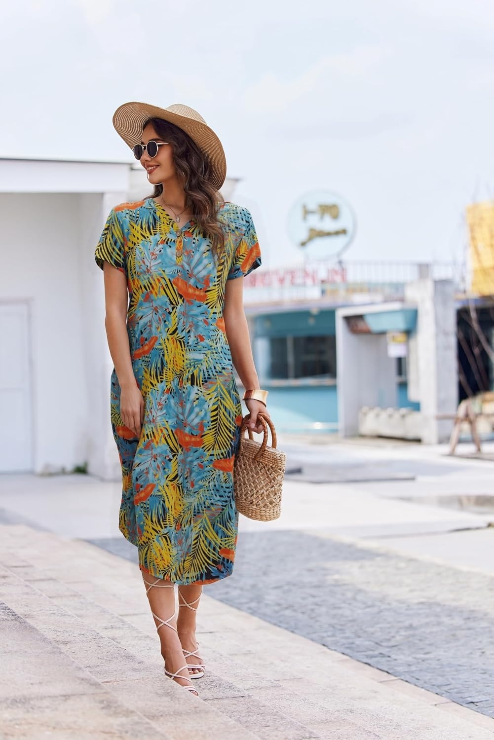 image:imageEkouaer Long Nightgowns for Women Button Night Gowns Short Sleeve Sleepwear Full Length Sleep Shirts With Pockets S4XLGreen Leaves