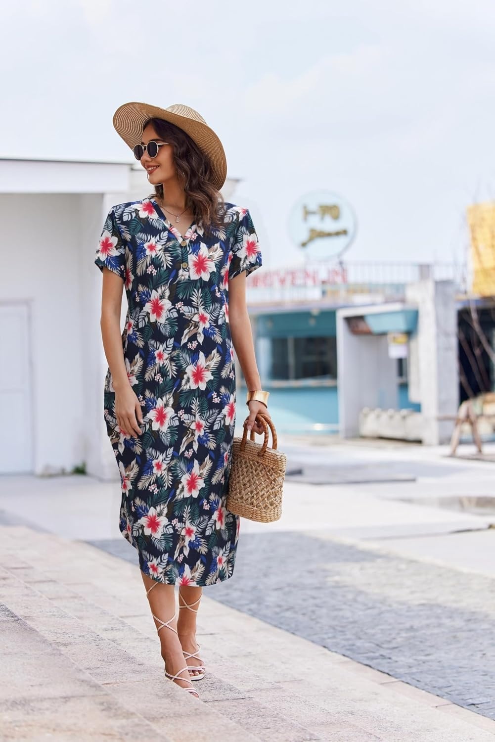 image:imageEkouaer Long Nightgowns for Women Button Night Gowns Short Sleeve Sleepwear Full Length Sleep Shirts With Pockets S4XLHawaii