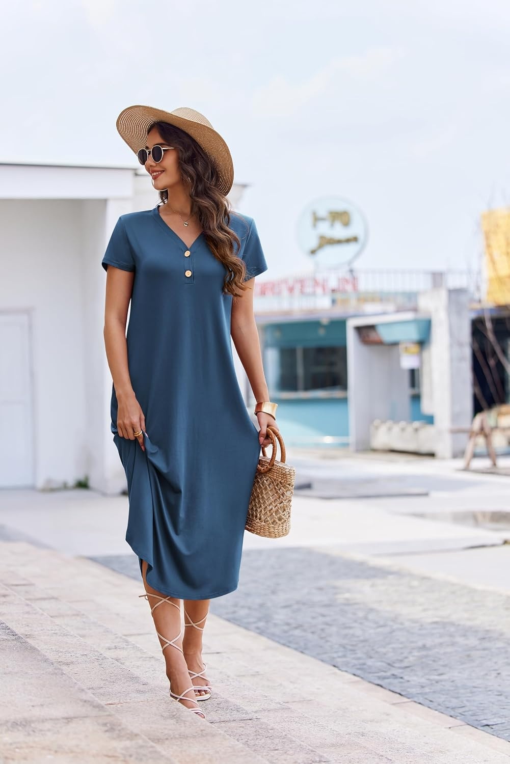 image:imageEkouaer Long Nightgowns for Women Button Night Gowns Short Sleeve Sleepwear Full Length Sleep Shirts With Pockets S4XLNavy