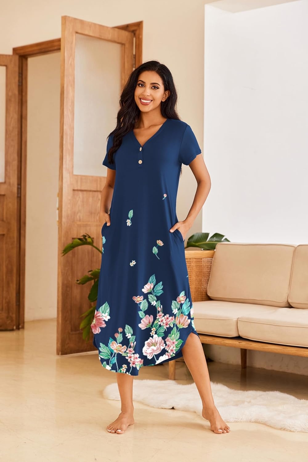 image:imageEkouaer Long Nightgowns for Women Button Night Gowns Short Sleeve Sleepwear Full Length Sleep Shirts With Pockets S4XLRed Flower