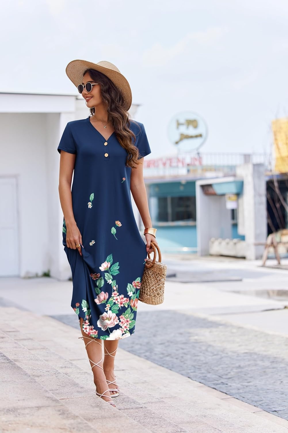 image:imageEkouaer Long Nightgowns for Women Button Night Gowns Short Sleeve Sleepwear Full Length Sleep Shirts With Pockets S4XLRed Flower