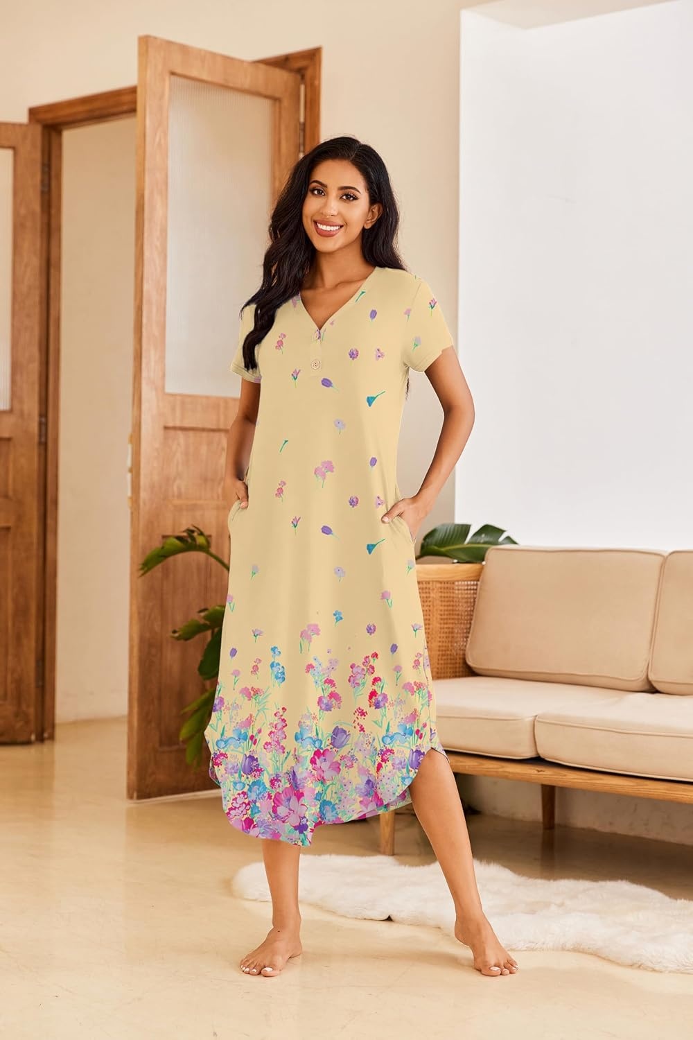 image:imageEkouaer Long Nightgowns for Women Button Night Gowns Short Sleeve Sleepwear Full Length Sleep Shirts With Pockets S4XLRose Red Flower