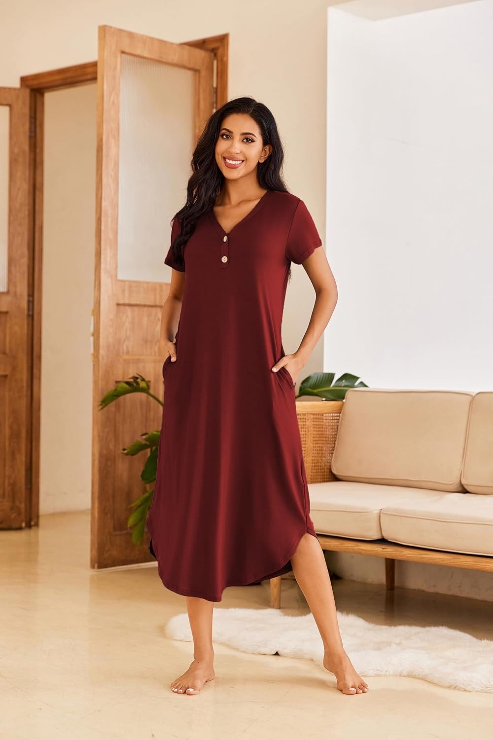 image:imageEkouaer Long Nightgowns for Women Button Night Gowns Short Sleeve Sleepwear Full Length Sleep Shirts With Pockets S4XLWine Red