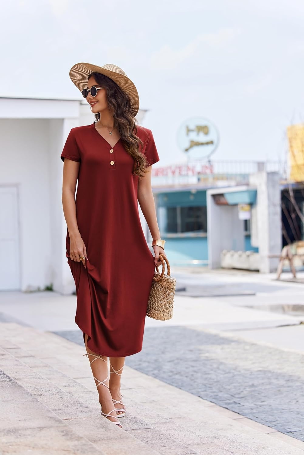 image:imageEkouaer Long Nightgowns for Women Button Night Gowns Short Sleeve Sleepwear Full Length Sleep Shirts With Pockets S4XLWine Red