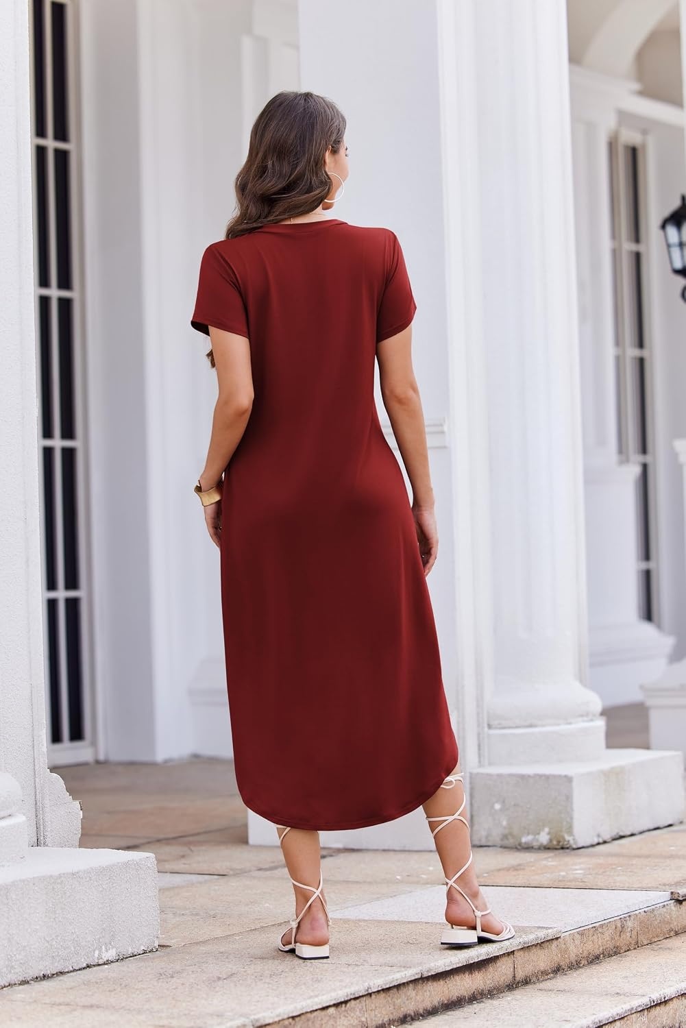 image:imageEkouaer Long Nightgowns for Women Button Night Gowns Short Sleeve Sleepwear Full Length Sleep Shirts With Pockets S4XLWine Red