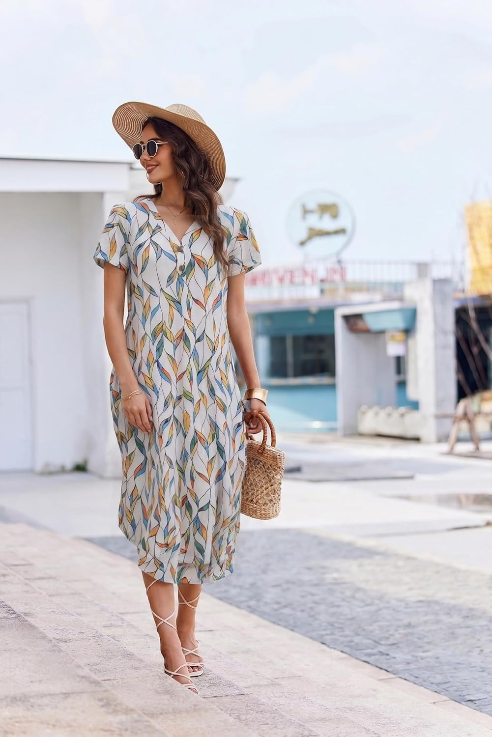 image:imageEkouaer Long Nightgowns for Women Button Night Gowns Short Sleeve Sleepwear Full Length Sleep Shirts With Pockets S4XLYellow Leaves