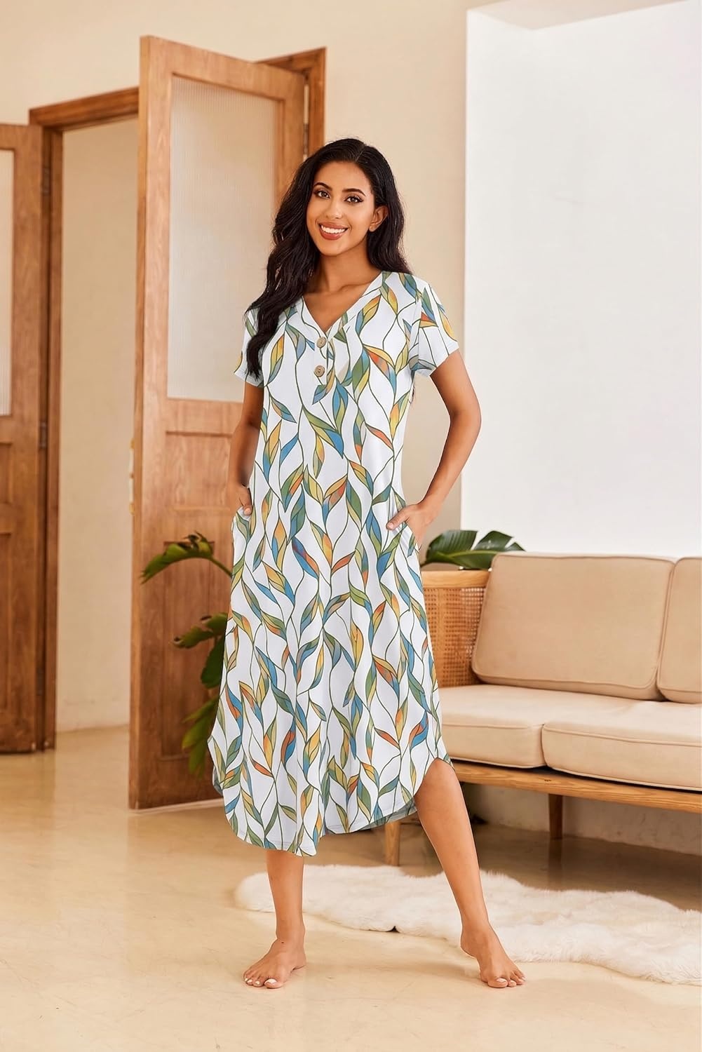 image:imageEkouaer Long Nightgowns for Women Button Night Gowns Short Sleeve Sleepwear Full Length Sleep Shirts With Pockets S4XLYellow Leaves