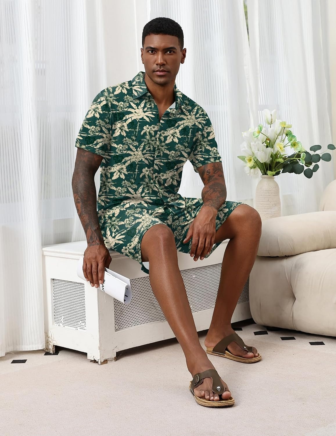image:imageEkouaer Mens Hawaiian Shirt and Shorts Sets 2 Piece Beach Outfits Button Down Summer Pajamas Set Vacation Lounge Sets XSXXLCoconut Tree Blue Green