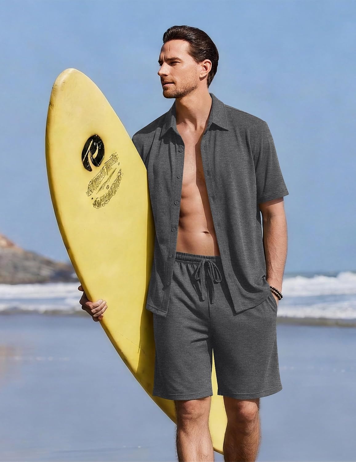 image:imageEkouaer Mens Hawaiian Shirt and Shorts Sets 2 Piece Beach Outfits Button Down Summer Pajamas Set Vacation Lounge Sets XSXXLDark Grey