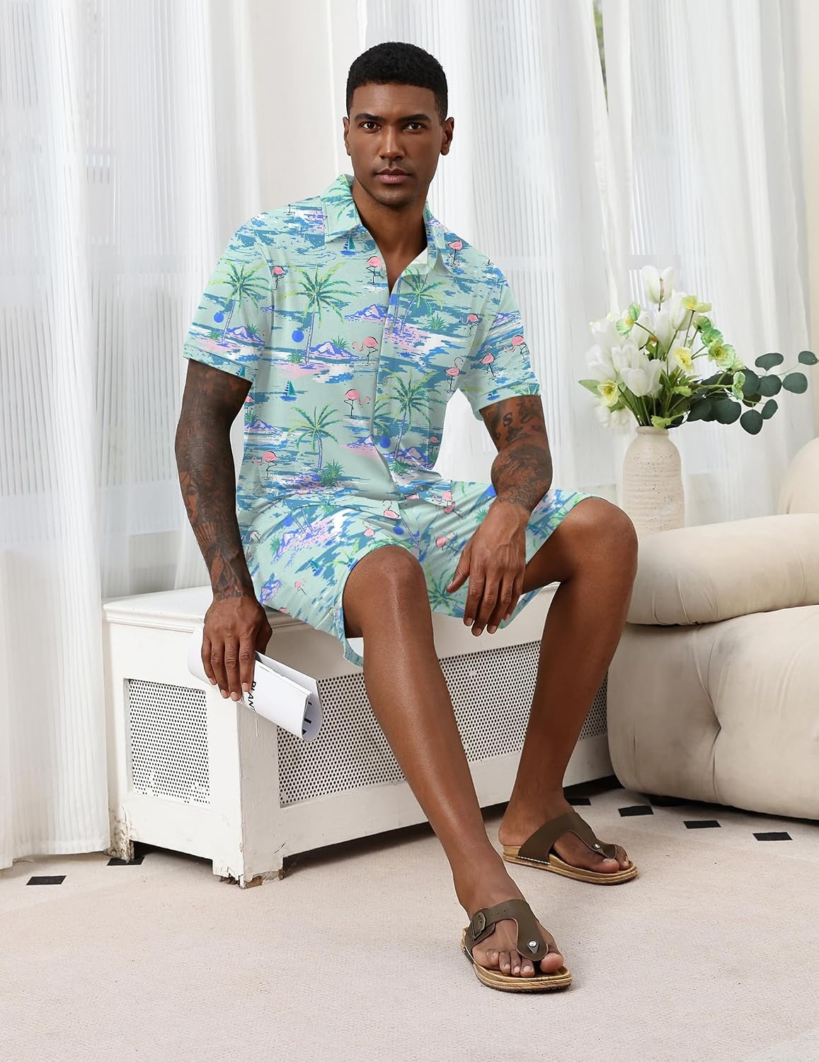 image:imageEkouaer Mens Hawaiian Shirt and Shorts Sets 2 Piece Beach Outfits Button Down Summer Pajamas Set Vacation Lounge Sets XSXXLFlamingo