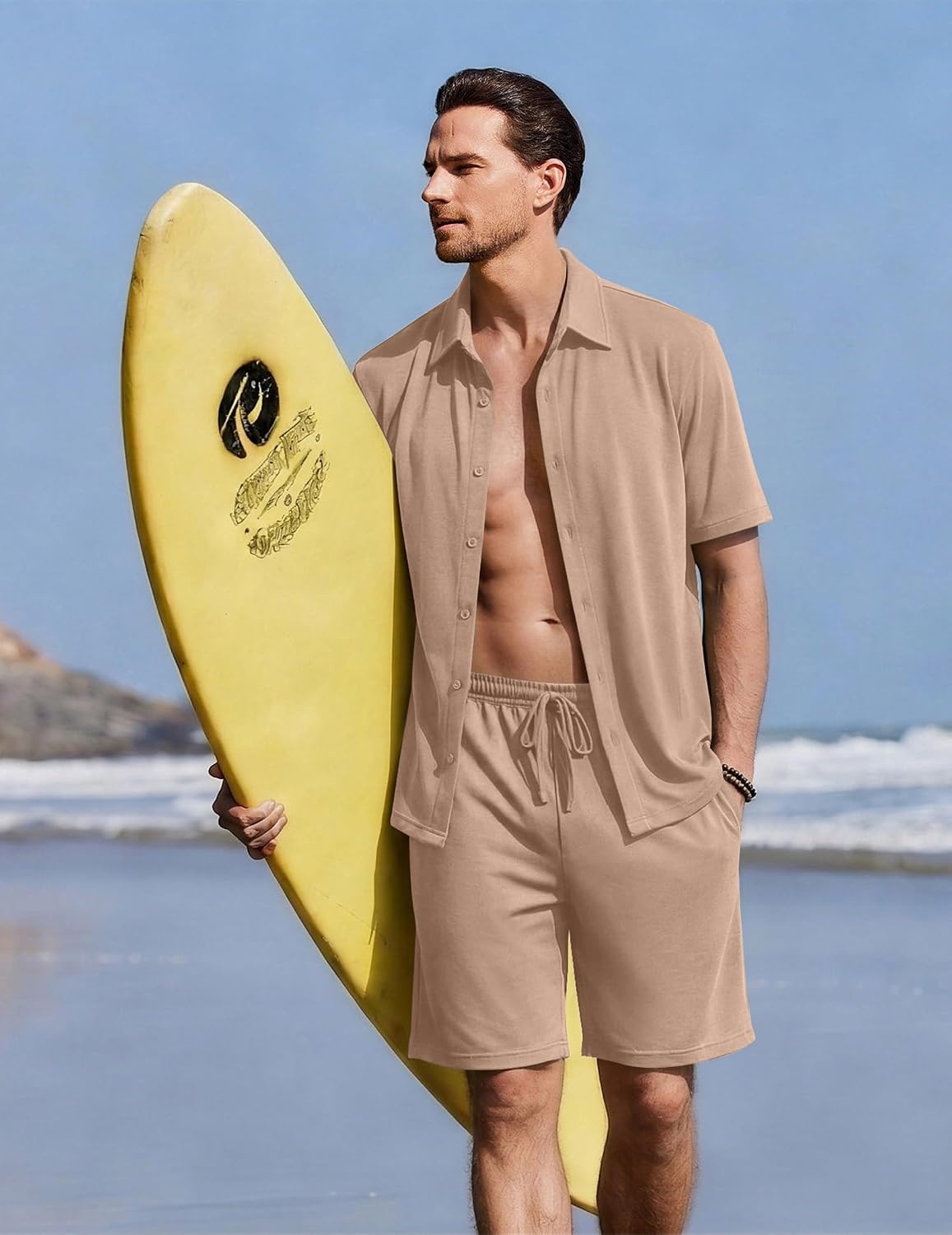 image:imageEkouaer Mens Hawaiian Shirt and Shorts Sets 2 Piece Beach Outfits Button Down Summer Pajamas Set Vacation Lounge Sets XSXXLKhaki