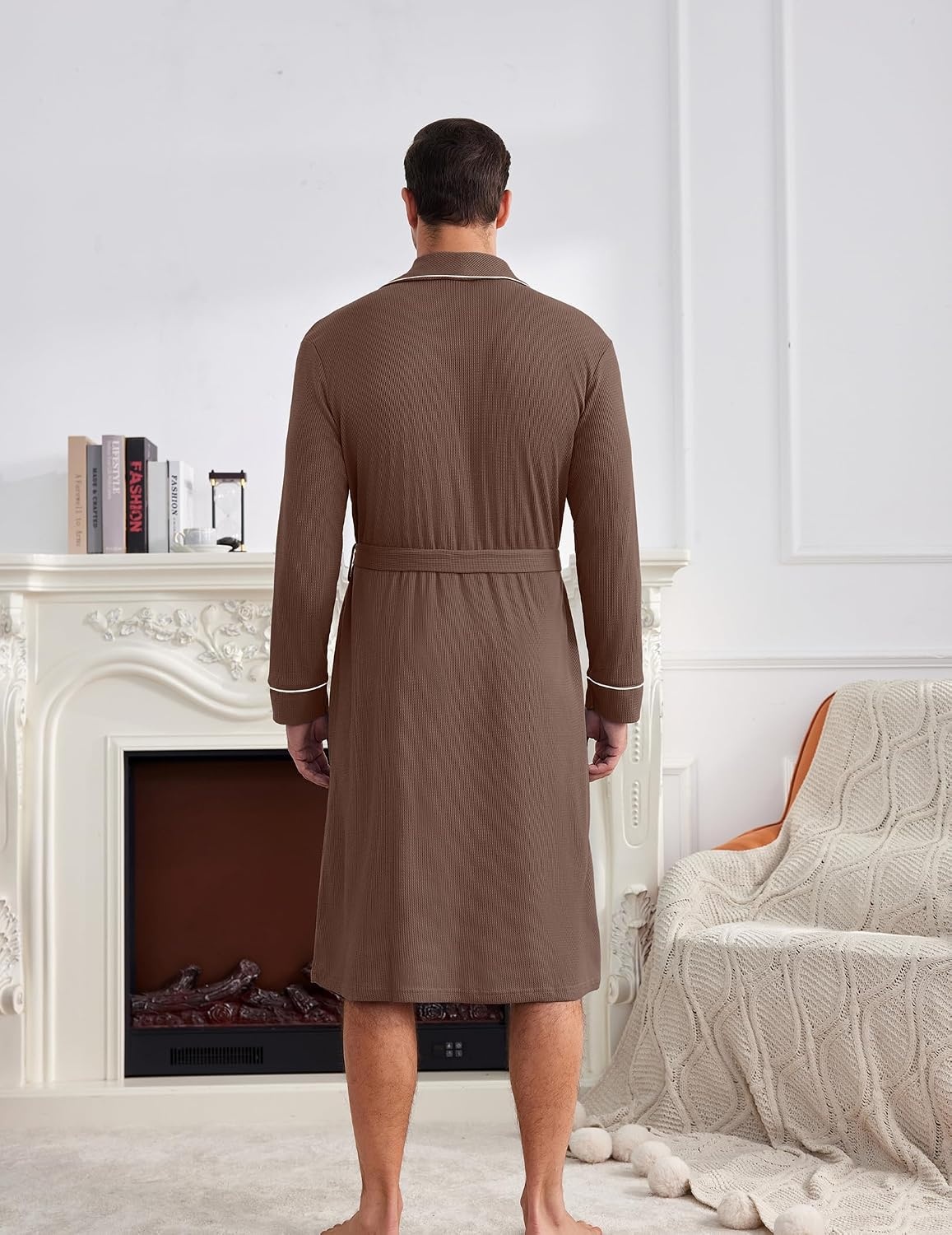 image:imageEkouaer Mens Robes Lightweight Waffle Knit Kimono Bathrobe Long Sleeve Sleepwear Soft Knee Length Robe with Pockets S3XLBrown