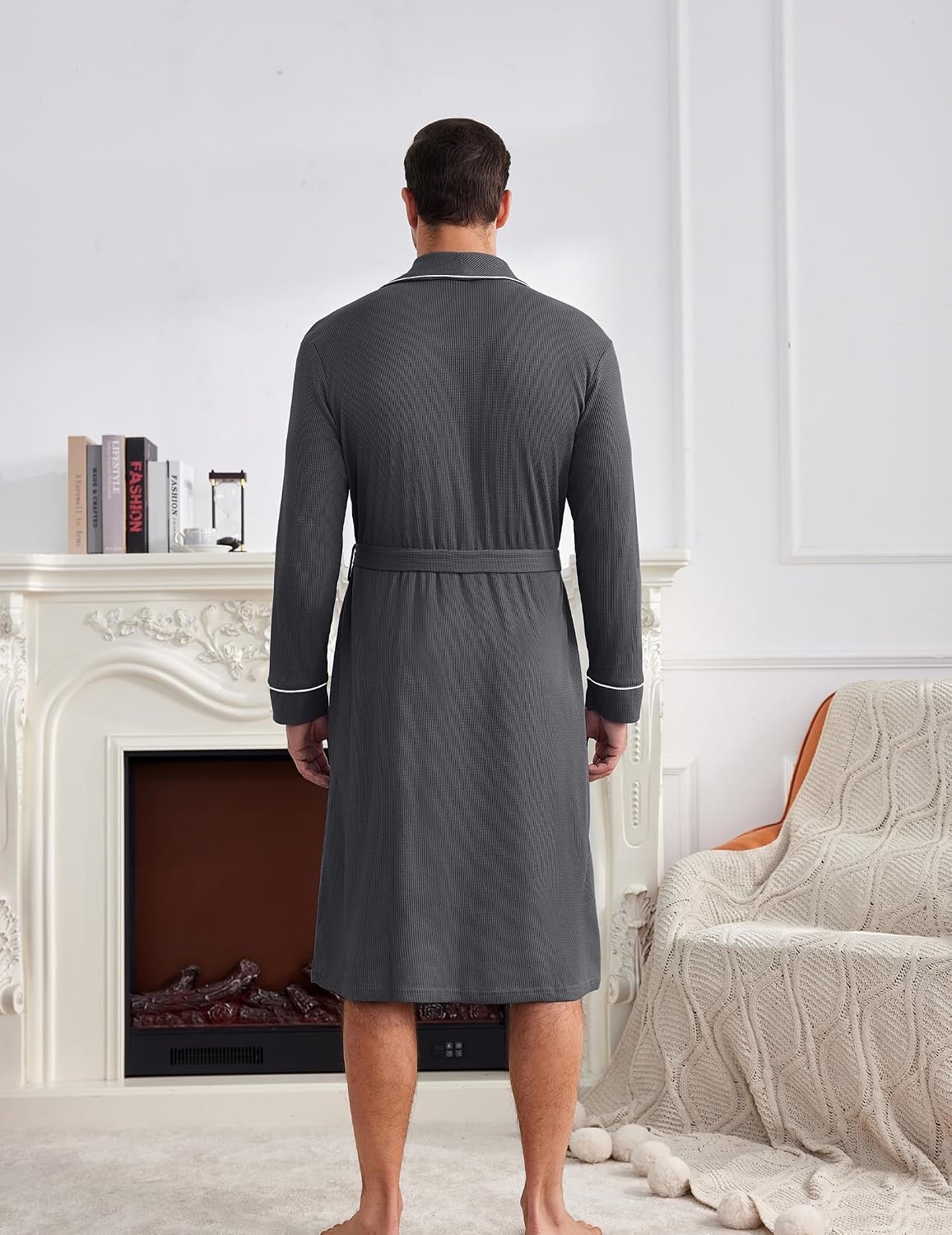 image:imageEkouaer Mens Robes Lightweight Waffle Knit Kimono Bathrobe Long Sleeve Sleepwear Soft Knee Length Robe with Pockets S3XLDark Grey