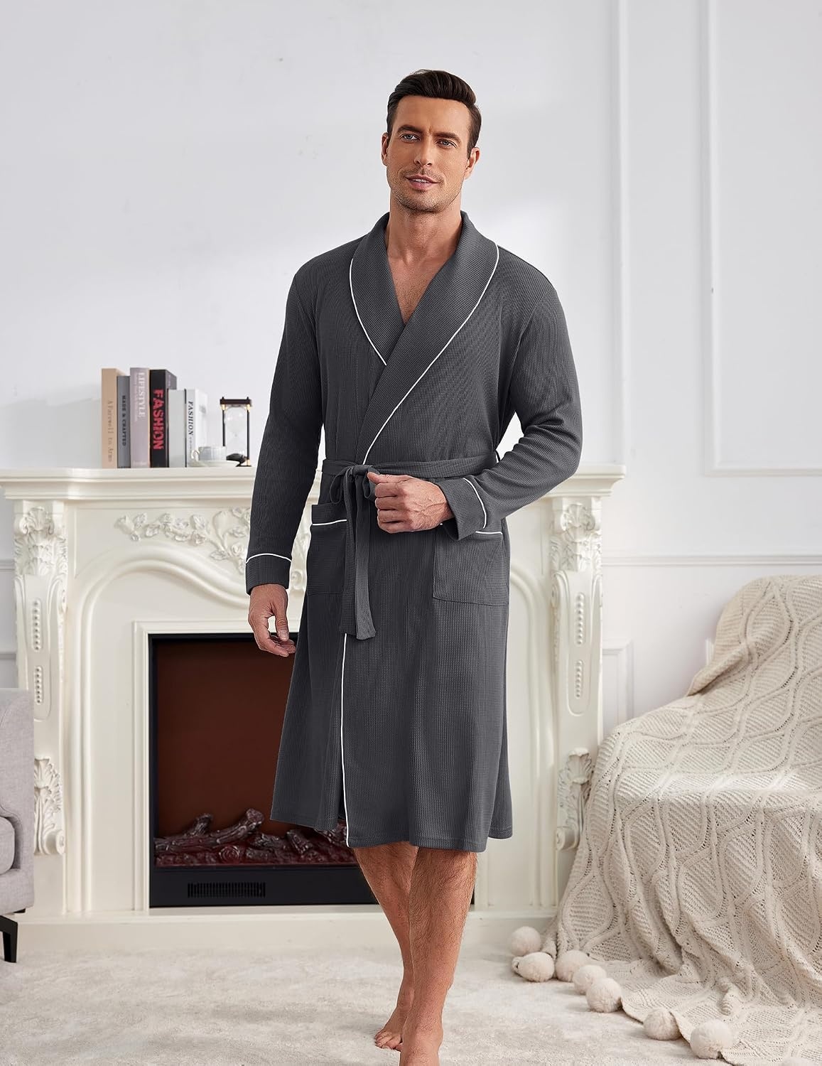 image:imageEkouaer Mens Robes Lightweight Waffle Knit Kimono Bathrobe Long Sleeve Sleepwear Soft Knee Length Robe with Pockets S3XLDark Grey