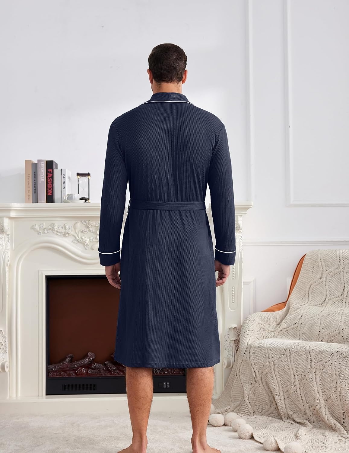 image:imageEkouaer Mens Robes Lightweight Waffle Knit Kimono Bathrobe Long Sleeve Sleepwear Soft Knee Length Robe with Pockets S3XLNavy Blue