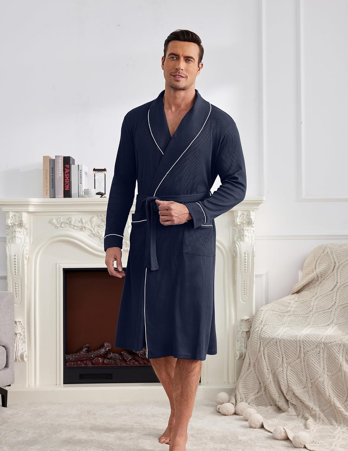 image:imageEkouaer Mens Robes Lightweight Waffle Knit Kimono Bathrobe Long Sleeve Sleepwear Soft Knee Length Robe with Pockets S3XLNavy Blue