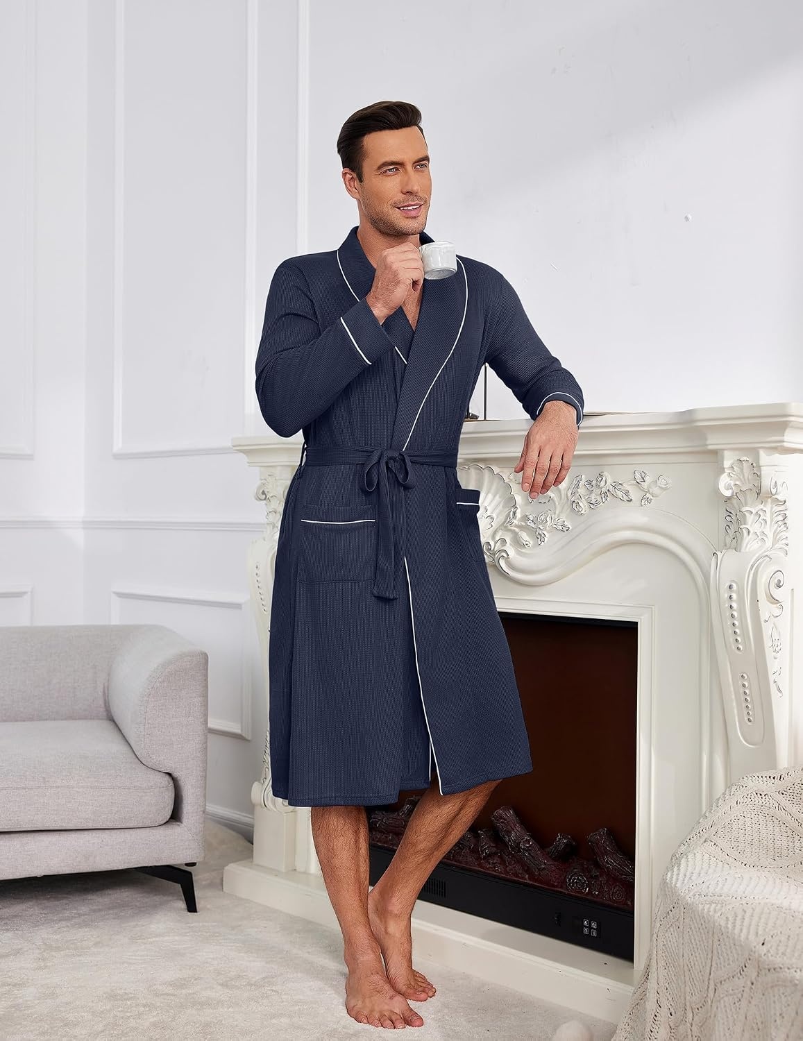 image:imageEkouaer Mens Robes Lightweight Waffle Knit Kimono Bathrobe Long Sleeve Sleepwear Soft Knee Length Robe with Pockets S3XLNavy Blue