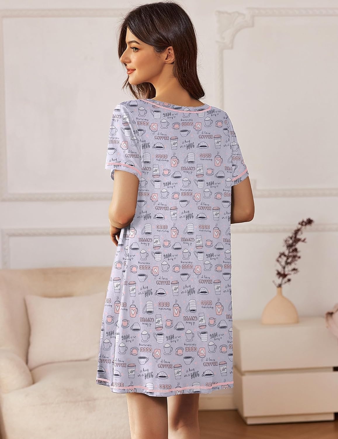 image:imageEkouaer Nightgowns for Women 2 Pack Night Gowns Short Sleeve Sleepshirts Pullover Nightshirts Soft SleepwearCoffeeStar Print