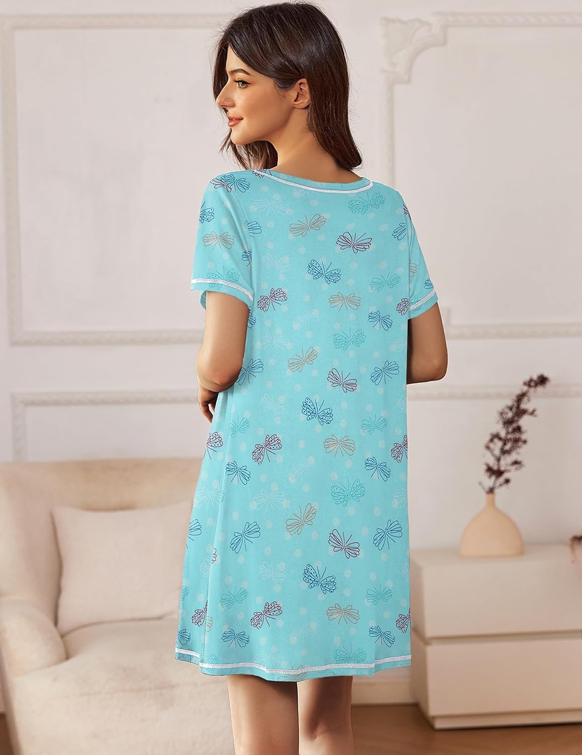 image:imageEkouaer Nightgowns for Women 2 Pack Night Gowns Short Sleeve Sleepshirts Pullover Nightshirts Soft SleepwearStarDragonfly Print