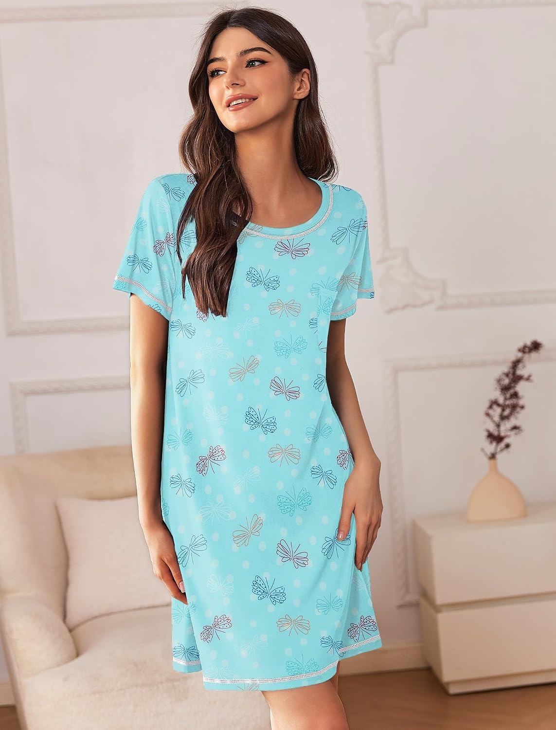 image:imageEkouaer Nightgowns for Women 2 Pack Night Gowns Short Sleeve Sleepshirts Pullover Nightshirts Soft SleepwearStarDragonfly Print