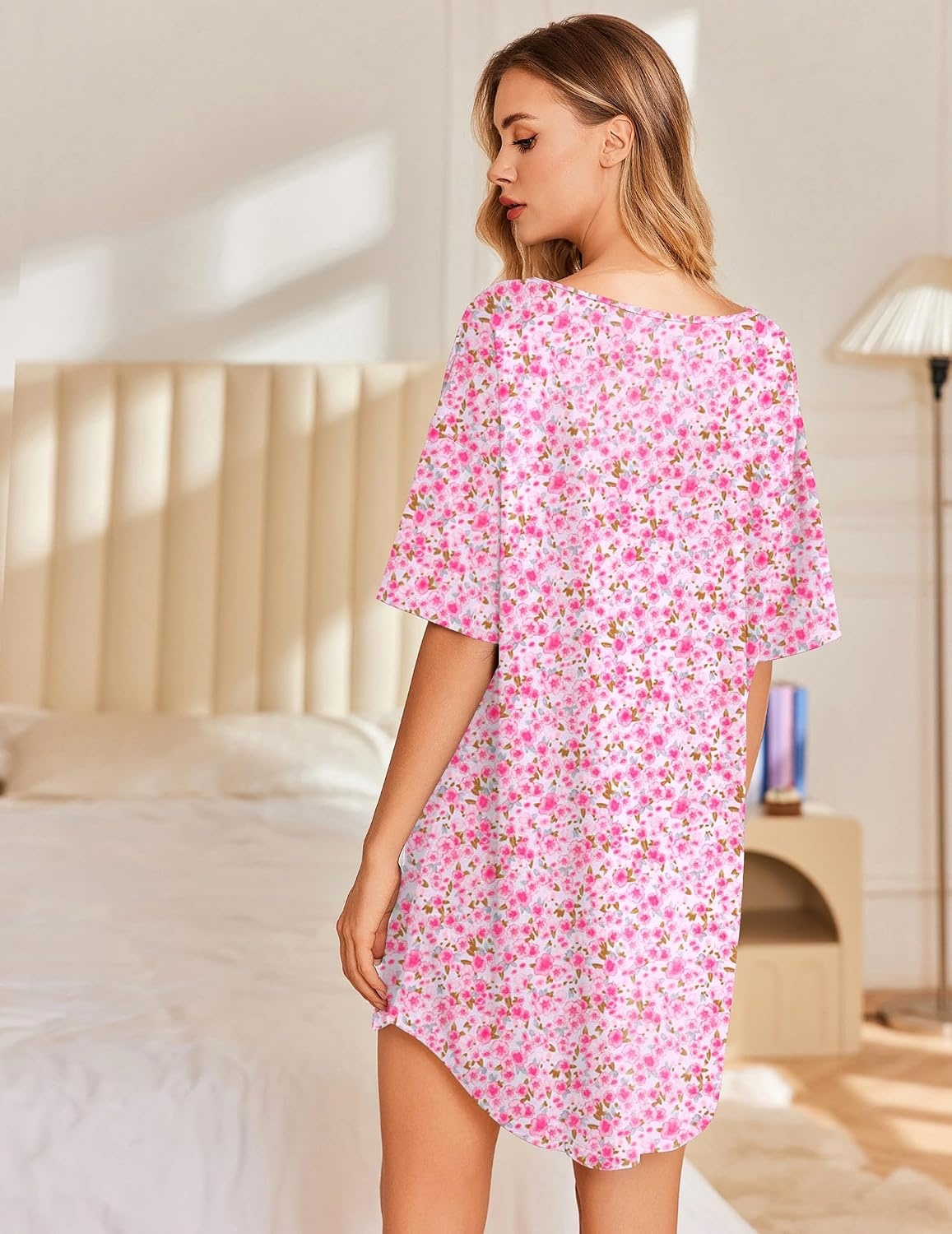 image:imageEkouaer Nightgowns for Women Bamboo Viscose Sleepshirt Short sleeve Nightshirt V Neck T shirt Night gown Boyfriend SleepwearFloral Pink
