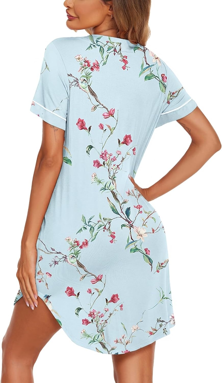 image:imageEkouaer Nightgowns for Women Button Down Night Gowns Short Sleeve Sleep Shirt V Neck Nightshirt Soft Sleepwear Pajams DressBlue Floral