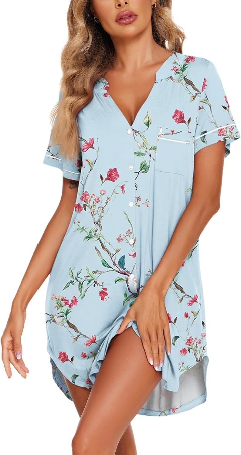 image:imageEkouaer Nightgowns for Women Button Down Night Gowns Short Sleeve Sleep Shirt V Neck Nightshirt Soft Sleepwear Pajams DressBlue Floral