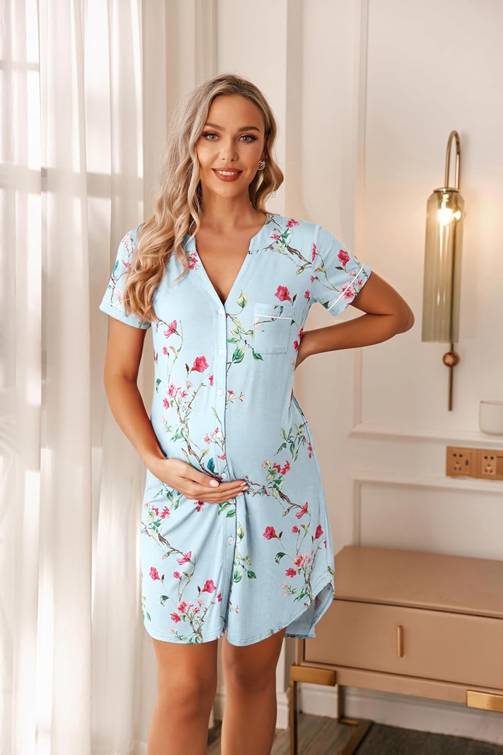 image:imageEkouaer Nightgowns for Women Button Down Night Gowns Short Sleeve Sleep Shirt V Neck Nightshirt Soft Sleepwear Pajams DressBlue Floral