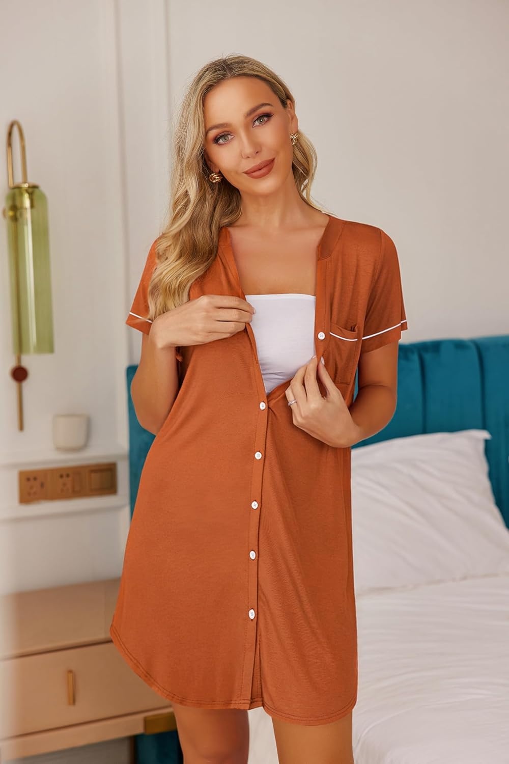image:imageEkouaer Nightgowns for Women Button Down Night Gowns Short Sleeve Sleep Shirt V Neck Nightshirt Soft Sleepwear Pajams DressCamel