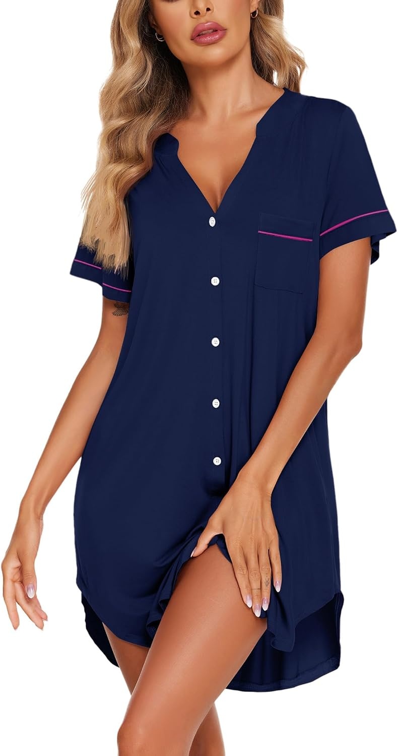 image:imageEkouaer Nightgowns for Women Button Down Night Gowns Short Sleeve Sleep Shirt V Neck Nightshirt Soft Sleepwear Pajams DressNavy Blue With Rose Edging