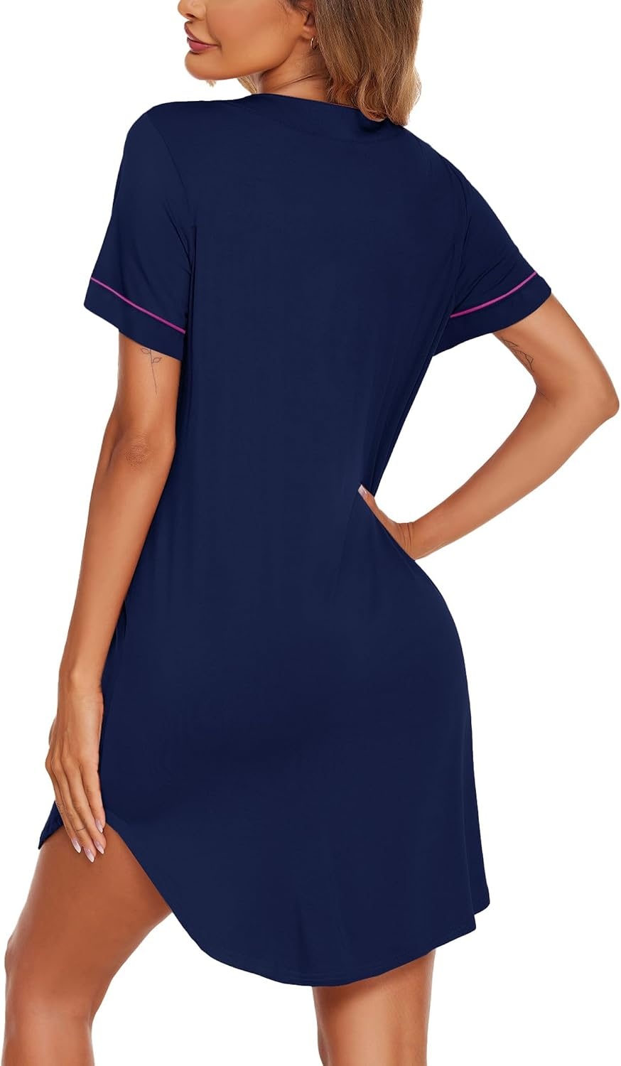 image:imageEkouaer Nightgowns for Women Button Down Night Gowns Short Sleeve Sleep Shirt V Neck Nightshirt Soft Sleepwear Pajams DressNavy Blue With Rose Edging
