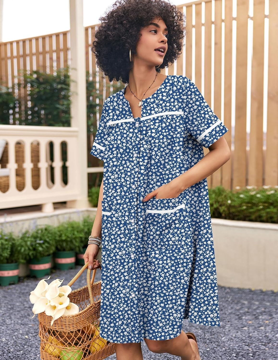 image:imageEkouaer Nightgowns for Women House Dress with Pockets Snap Front House Coat Short Sleeve Duster Moo Moos Sleepwear S3XLBlue Floral
