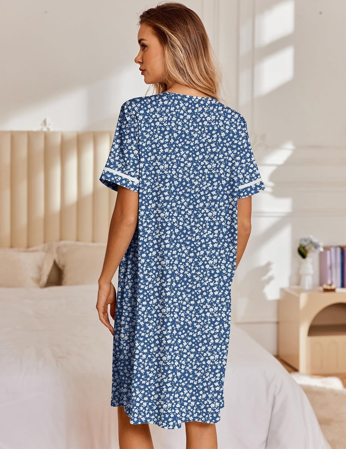 image:imageEkouaer Nightgowns for Women House Dress with Pockets Snap Front House Coat Short Sleeve Duster Moo Moos Sleepwear S3XLBlue Floral