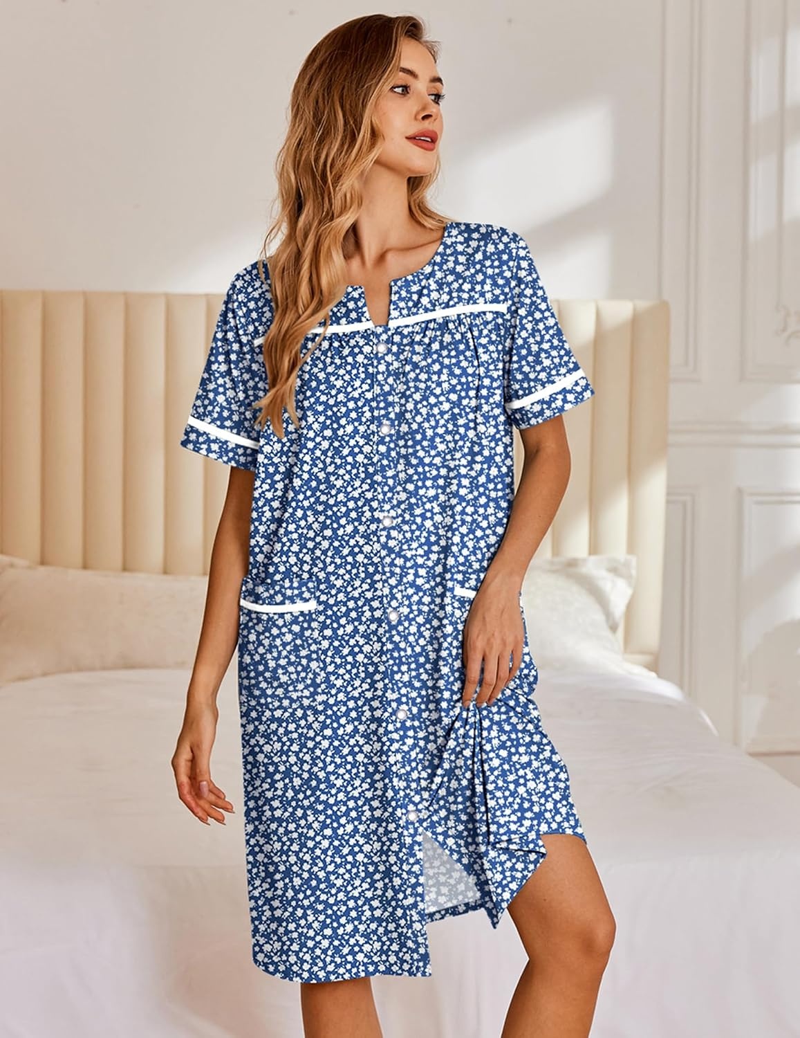 image:imageEkouaer Nightgowns for Women House Dress with Pockets Snap Front House Coat Short Sleeve Duster Moo Moos Sleepwear S3XLBlue Floral