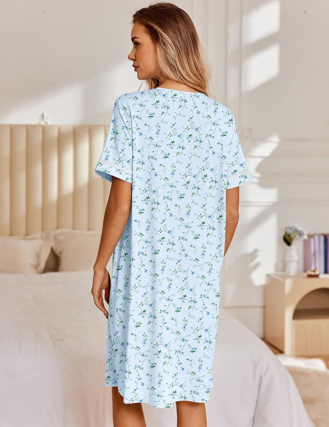 image:imageEkouaer Nightgowns for Women House Dress with Pockets Snap Front House Coat Short Sleeve Duster Moo Moos Sleepwear S3XLLightblue Floral