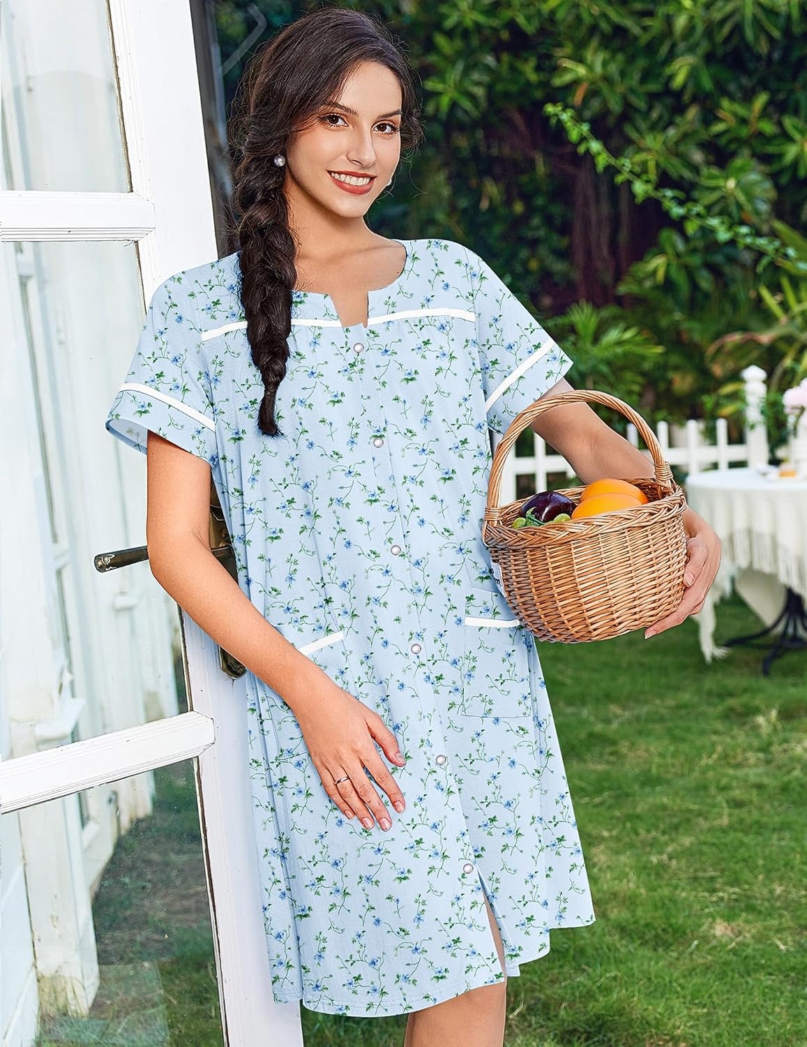 image:imageEkouaer Nightgowns for Women House Dress with Pockets Snap Front House Coat Short Sleeve Duster Moo Moos Sleepwear S3XLLightblue Floral