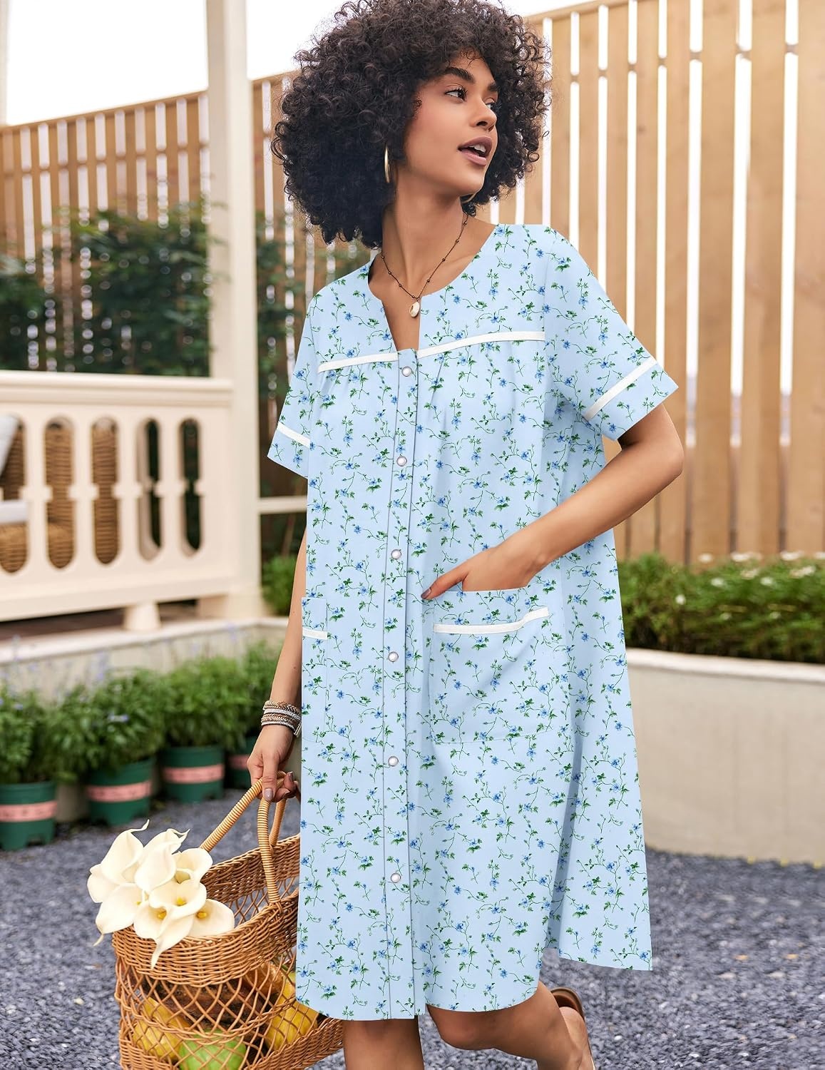 image:imageEkouaer Nightgowns for Women House Dress with Pockets Snap Front House Coat Short Sleeve Duster Moo Moos Sleepwear S3XLLightblue Floral