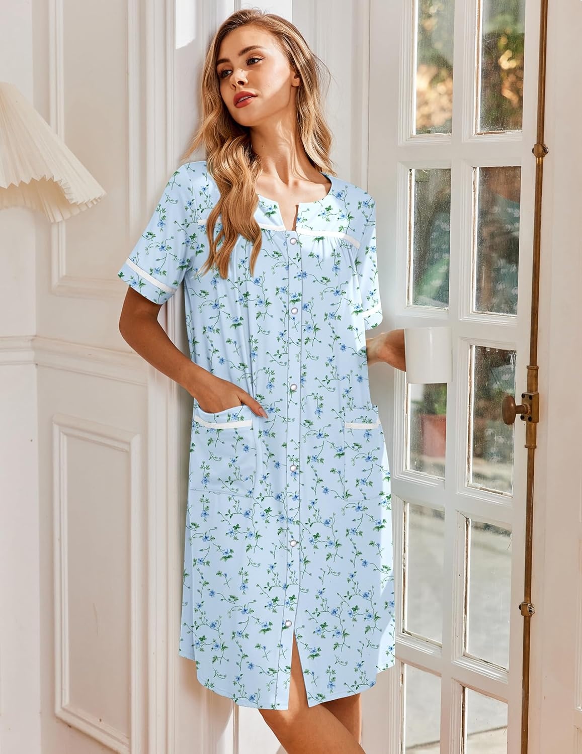 image:imageEkouaer Nightgowns for Women House Dress with Pockets Snap Front House Coat Short Sleeve Duster Moo Moos Sleepwear S3XLLightblue Floral