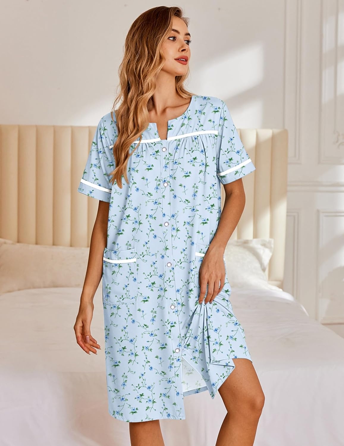 image:imageEkouaer Nightgowns for Women House Dress with Pockets Snap Front House Coat Short Sleeve Duster Moo Moos Sleepwear S3XLLightblue Floral