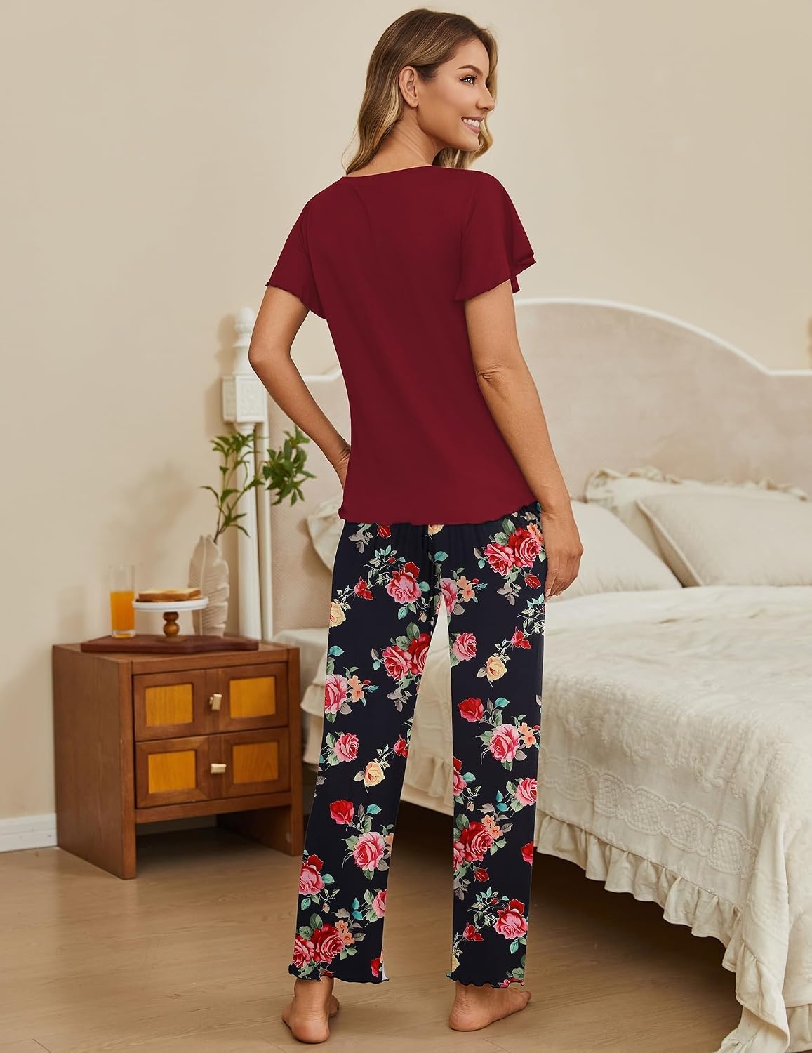 image:imageEkouaer Pajama Sets Womens Short Sleeve Sleepwear Long Pants Pjs 2 Piece Lounge Set Soft Nightwear SXXLBlack Red Flowers