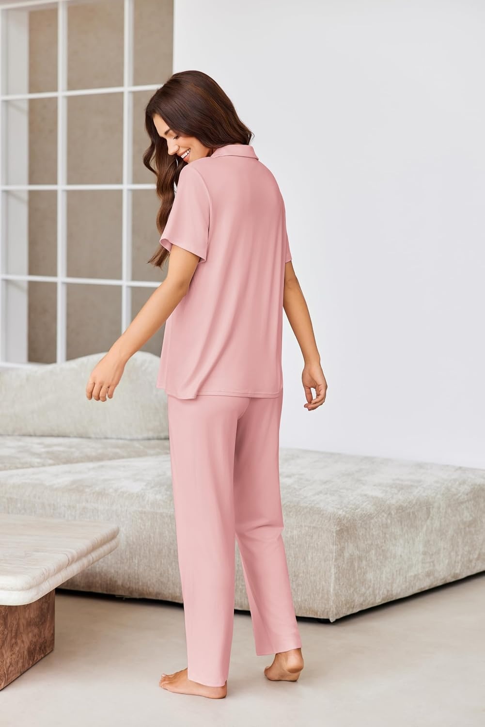image:imageEkouaer Pajamas for Women Set Button Up Sleepswear 2 Piece Short Sleeve PJ Top and Long Pants Loungwear With Pocket SXXLLight Pink