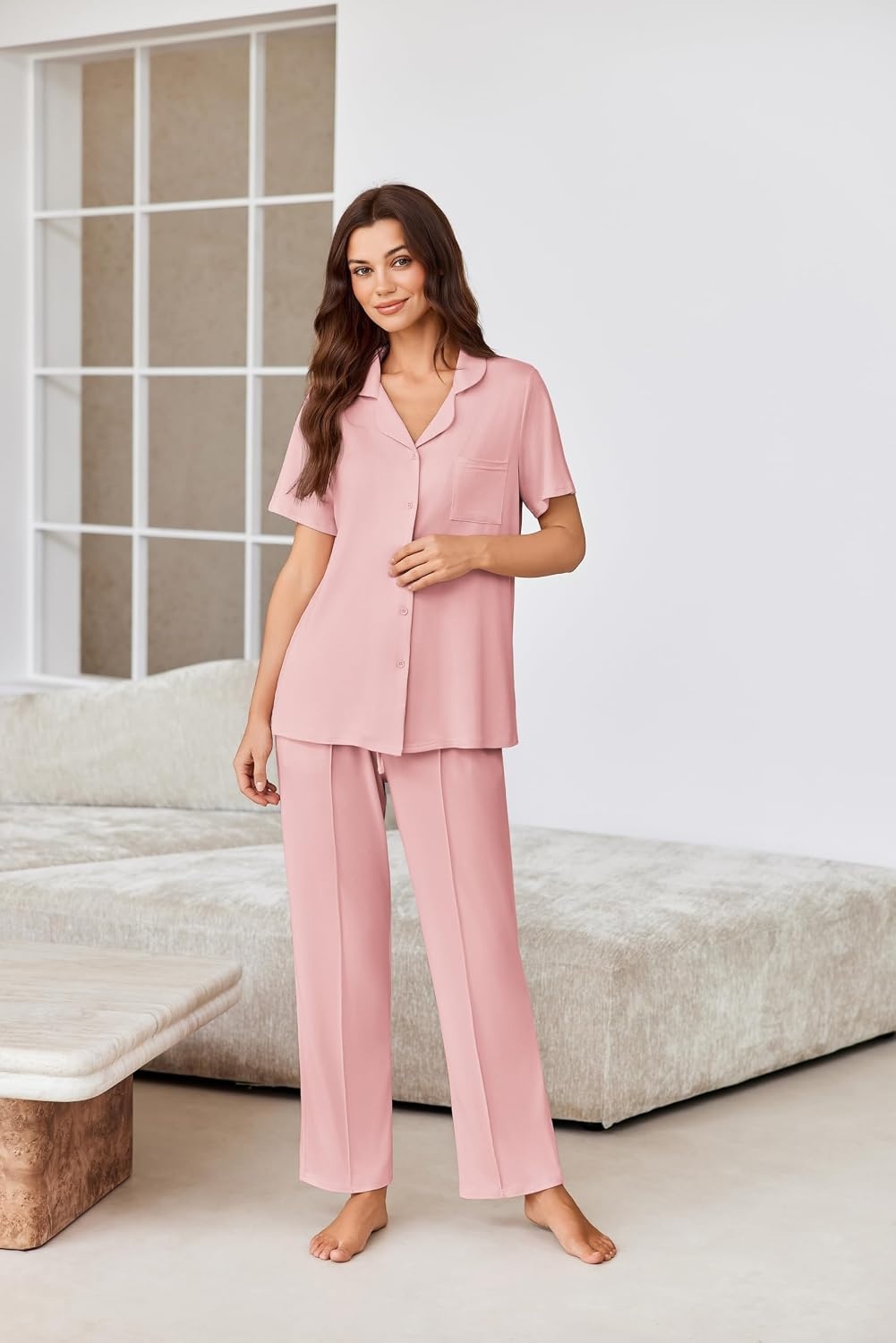 image:imageEkouaer Pajamas for Women Set Button Up Sleepswear 2 Piece Short Sleeve PJ Top and Long Pants Loungwear With Pocket SXXLLight Pink